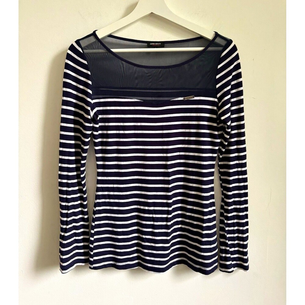 Miss Sixty Top Sz L Blue White Striped Mesh Sheer Long Sleeve y2k nautical 90's